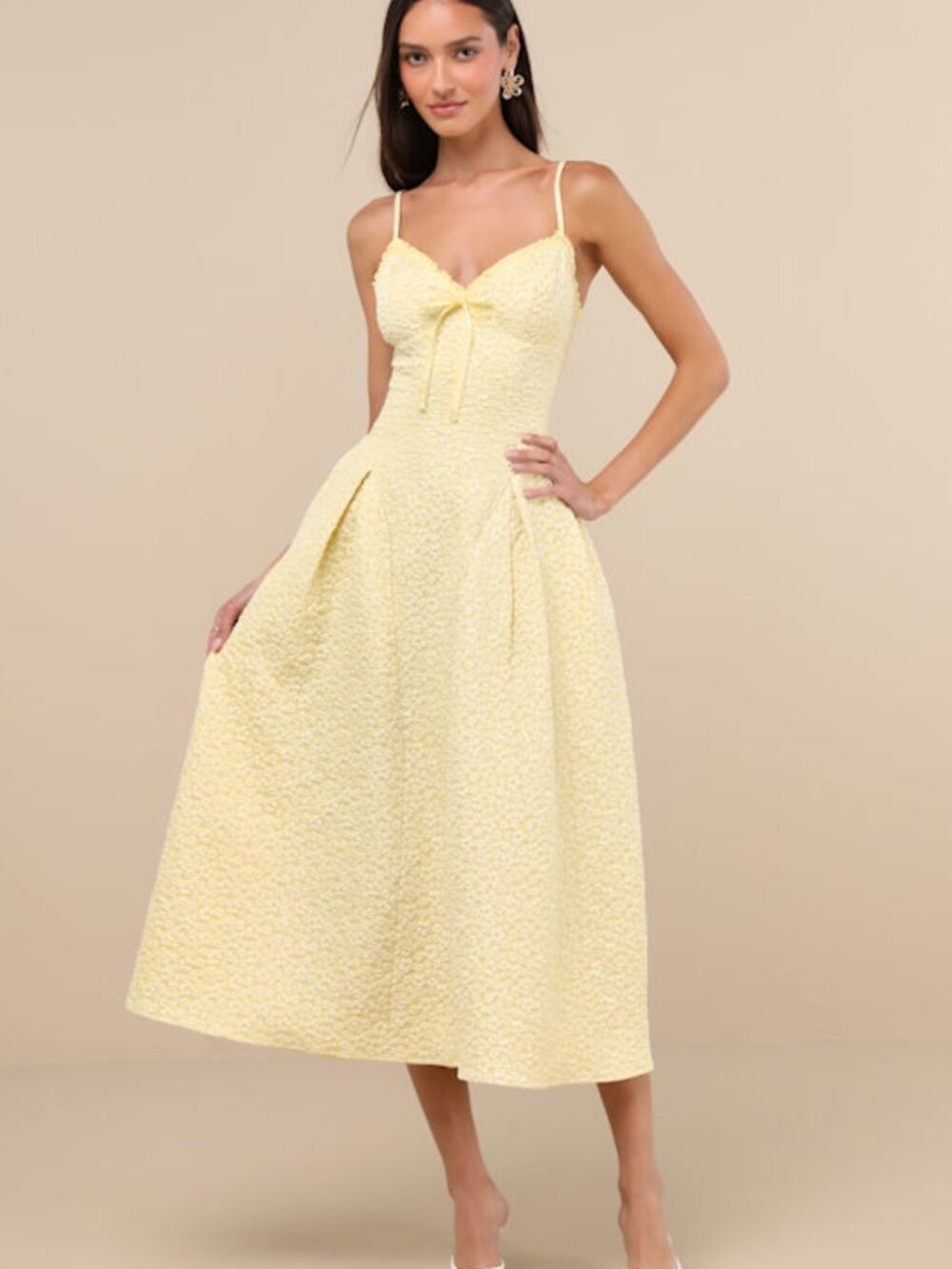 Lulus Ninetta Light Yellow Floral Jacquard Lace-up Midi Dress - Size M